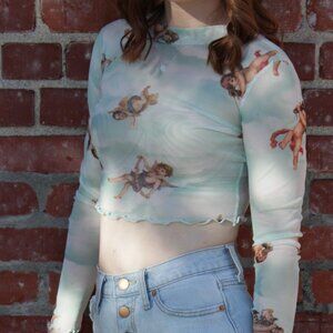 C-Mini - Y2K Sheer Cherub Angel Long Sleeve Crop Top Size XS